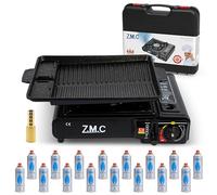 Z.M.C Réchaud à gaz 1 feu avec adaptateur pour GPL + mallette de rangement + plaque de cuisson 33 x 26 x 4 cm + 16 cartouches de gaz 227 g, réchaud de camping avec allumage piézoélectrique