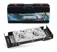 Z.M.C Réchaud à gaz de camping 2 cartouches, flamme double, 2,5 kW, 2500 Watts, acier inoxydable, allumage piézoélectrique automatique, capteur de pression, compatible double carburant, adaptateur de