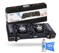 Z.M.C Réchaud à gaz de camping à 2 feux avec 12 cartouches de gaz de 227 g, 2,5 kW avec adaptateur pour raccordement GPL + mallette de rangement - Réchaud de camping avec allumage piézoélectrique -