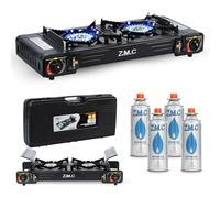 Z.M.C Réchaud à gaz de camping de qualité supérieure - 2 feux + 4 cartouches de gaz de 227 g - Réchaud de camping avec sécurité d'allumage pour l'extérieur et l'intérieur - Double réchaud à gaz avec