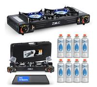 Z.M.C Réchaud à gaz de camping de qualité supérieure à 2 feux + plaque de cuisson + 8 cartouches de gaz de 227 g - Réchaud de camping avec mallette de transport pour l'extérieur et l'intérieur - Table