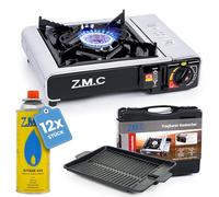 Z.M.C Réchaud à gaz en acier inoxydable 1 feu + mallette de rangement + plaque de cuisson 33 x 26 x 4 cm, avec 12 cartouches de gaz de 227 g, réchaud de camping pour l'extérieur et l'intérieur,