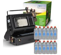 Z.M.C Réchaud à gaz portable 2 en 1 avec raccord GPL + 12 cartouches de gaz 227 g, chauffage de camping 1,3 kW, chauffage à gaz mobile pour l'extérieur avec allumage piézo