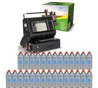 Z.M.C Réchaud à gaz portable 2 en 1 avec raccord GPL + 28 cartouches de gaz 227 g, chauffage de camping 1,3 kW, chauffage à gaz mobile pour extérieur avec allumage piézo