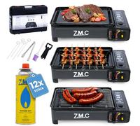 Z.M.C Réchaud de camping portable 2 en 1 et barbecue à gaz petit incl. kit d'accessoires de barbecue et mallette + 12 cartouches de gaz de 227 g, barbecue de table de balcon réchaud à gaz 2,2 kW avec