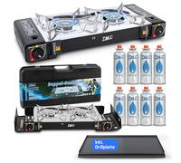 Z.M.C ZMC Réchaud à gaz de camping 2 flammes avec adaptateur pour connexion GPL + plaque de gril 45x24 cm + 8 cartouches de gaz 227g + + Mallette de rangement Réchaud de camping avec allumage piezo