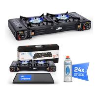 Z.M.C ZMC Réchaud à gaz de camping 2 flammes avec adaptateur pour connexion LPG + Plaque de gril 45x24 cm + 24 cartouches de gaz 227g, Réchaud de camping avec allumage piezo