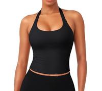 ZAAYO Débardeur à Encolure Halter Impact pour Femme - Longline - Dos Nu - Coupe Dégagée - Padded - Crop Top - Sport - Workout - Basic - Sexy - Sans Manches - Haut d'été, Noir , S