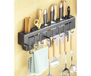 ZABEES Porte - Ustensiles De Cuisine Mural En Acier Inoxydable, Support Rangement Mural éTagèRe De Cuisine，Ustensiles De Cuisine, Support, Crochet, Porte - Couteau, 40cm, Noir