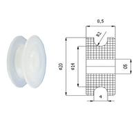 Zabi Roue à gorge ronde en nylon de 20 mm de diamètre pour corde de 4 mm Sans roulement (palier coulissant)