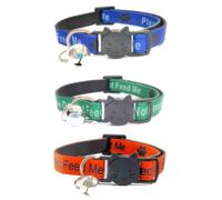 ZACAL Lot de 3 colliers pour chat avec inscription « Please Do Not Feed Me/I Am Microchipped » avec boucle détachable à dégagement rapide Bleu Vert et orange Noir