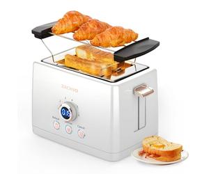 ZACHVO Grille-pain 2 tranches avec réchauffe-petits pains, 6 niveaux de brunissage, 850W, tiroir ramasse-miettes amovible, écran LED, fonction surélévation, réchauffage, décongélation, annulation