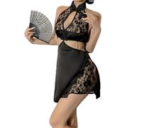 ZACOLLAN Lingerie Érotique Femme Dentelle Perspective Pendre Le Cou Vêtements Sexy Sex Mode Style Chinois Uniformes B-Black with Socks Taille Unique