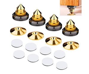 ZACUDA 4 Pièces Pointes de Haut-Parleur Dorées - Embouts de Caisson de Basses, Spike Pointe de Decouplage Enceinte avec 4 Patins de Base et 8 Autocollants pour Lecteur CD DVD