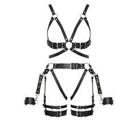 ZADO Ensemble harnais en cuir véritable noir - Harnais de poitrine et sangle jockstrap avec harnais de cuisse amovible, menottes avec mousquetons, boucles argentées réglables