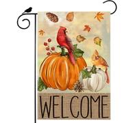ZAEW Automne Bienvenue Aquarelle Citrouilles Cardinaux Oiseaux Feuilles d'érable Pommes de pin Drapeau de Jardin Automne Drapeau de Cour 30,5 x 45,7 cm Double Face Petit Mini Cour Extérieur Ferme