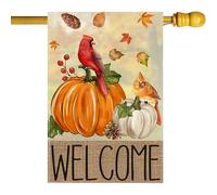 ZAEW Automne Bienvenue, aquarelle, citrouilles, cardinaux, oiseaux, feuilles d'érable, pommes de pin, drapeau de maison d'automne, toile de jute, 71,1 x 101,6 cm, vertical, double face, extérieur