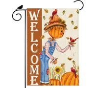 ZAEW Automne Bienvenue Épouvantail Aquarelle Citrouilles Cardinaux Oiseaux Feuilles Automne Jardin Drapeau de Cour 30,5 x 45,7 cm Double Face Petit Mini Cour Extérieur Ferme Décoration de Vacances