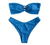 ZAFUL Ensemble bikini pour femme avec joint torique et froncé à l'arrière, coupe haute, bikini bandeau solide, rembourré, sans bretelles, maillot de bain deux pièces, 1-bleu., M