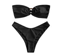 ZAFUL Ensemble bikini pour femme avec joint torique et froncé à l'arrière, coupe haute, bikini bandeau solide, rembourré, sans bretelles, maillot de bain deux pièces, 1 - Noir., M