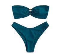ZAFUL Ensemble bikini pour femme avec joint torique et froncé à l'arrière, coupe haute, bikini bandeau solide, rembourré, sans bretelles, maillot de bain deux pièces, 1 bleu paon, M