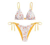 ZAFUL Ensemble bikini triangle rembourré pour femme, couleur unie avec bonnets triangulaires, bretelles spaghetti, Fleurs jaunes, L