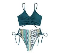 ZAFUL Women's Floral Print Two Piece Swimsuit V Neck Drawstring Front High Waisted Strap Side Bikini Set Bathing Suit (Peacock Blue, M)