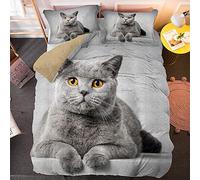 ZAHOCAI Housse De Couette 160x200 Chat British Shorthair Gris avec Housse Couette en Microfibre - 2 Taies d'oreiller 65x65 cm - Parure De Lit avec Fermeture éClair