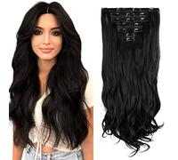 ZAIQUN Lot de 7 extensions de cheveux à clipser - 16 clips - Cheveux synthétiques ondulés/bouclés à double trame - 61 cm - Noir foncé (pour tête complète)