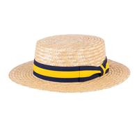 ZAKIRA Chapeau de Canotier en Paille Fait à la Main (Bande Bleu Marine - Jaune, L)