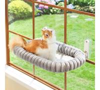 Zakkart SnugCloud Perchoir de fenêtre pliable pour chat - Sans fil, ultra doux, lavable en machine avec traversin à 4 côtés, cadre en métal, hamac de fenêtre pour grands chats et chatons (gris, taille