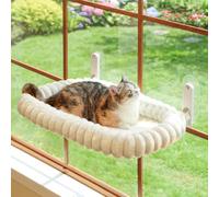 Zakkart SnugCloud Perchoir de fenêtre pliable pour chat - Sans fil, ultra doux, lavable en machine avec traversin à 4 côtés, cadre en métal - Hamac de fenêtre pour grands chats et chatons (blanc crème