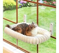Zakkart SnugCloud Perchoir de fenêtre pliable pour chat - Sans fil, ultra doux, lavable en machine avec traversin à 4 côtés, cadre en métal - Hamac de fenêtre pour grands chats et chatons (blanc crème