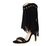 ZaKoonaC Sandales de danse pour femme avec pompons et orteils dégagés | scène et soirée | Fermeture éclair latérale, Noir , 45 EU