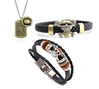 Zaky 28 pièces Collier pendentif Squelette Bracelet One P avec logo Jolly Rogers de l'équipage des Pirates Chapeaux de Paille Ensemble d'autocollants