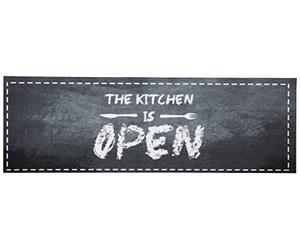 Zala Living The Kitchen is Open Tapis de Cuisine Lavable (50 x 150 cm, 100% Polyamide, antidérapant, Compatible avec Chauffage au Sol), Blanc, Noir/Gris