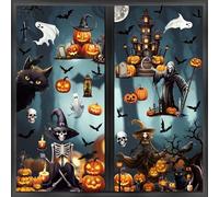 ZALAON Autocollants de fenêtre d'Halloween, 21 x 28 cm, squelette, citrouille, château, sorcière, autocollants de décoration pour fournitures d'Halloween (8 feuilles), DM551M2P1