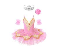 Zaldita Carnaval Tutu Robe à Bretelle Déguisement Princesse Enfant Fille Justaucorps de Danse Ballet Performance Léotard Sans Manche & Manchettes & Pince Cerceau à cheveux Rose 7-8 ans