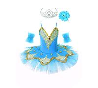 Zaldita Carnaval Tutu Robe à Bretelle Déguisement Princesse Enfant Fille Justaucorps de Danse Ballet Performance Léotard Sans Manche & Manchettes & Pince Cerceau à cheveux Bleu Clair 5-6 ans