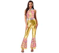 Zaldita Costume Hippie Femme Pailleté Combinaison Sans Manches Patte D'elephant Rétro Années 70 Pour Soirée Disco Ou Club Or XL