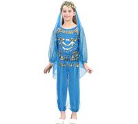 Zaldita Enfant Fille Déguisement Indien Princesse Ensemble Costume de Danse du Ventre Oriental Belly Dance Top Pantalon Franges Brillant Robe Performance Bleu Ciel 13-14 Ans
