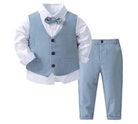 Zaldita Enfant Garçon Ensemble Costume de Baptême Anniversaire Formel Vetement de Soirée Cérémonie T-Shirt Chemise de Baptême & Gilet & Longue Pantalon & Cravate Set Bleu Claire R 18-24 Mois