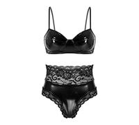 Zaldita Ensemble de Lingerie Femme Cuir Verni Soutien-Gorge Push Up Sein Nu Ouvert Zip Bra Métallique Brillant String Culotte Taille Basse Vêtement de Nuit S-XL Noir C XL