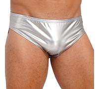 Zaldita Sissy Lingerie de Nuit Homme Cuir Culotte Brillant Caleçon Triangle Thong Tanga Mini String Slip de Plage Vacances Bas de Bain Plaisir sous Vêtement Argenté 3XL