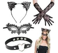 ZALHIN 4 pièces Masque Loup Dentelle Sexy, Serre Tete Oreille de Chat Catwoman Masque pour Mascarade Gothique Soirée Costume Party Déguisement Femme Fille Carnaval