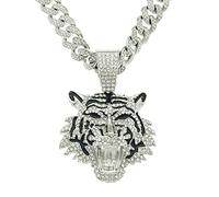ZALTAS Hommes Femmes Alliage 3D Tête De Tigre Pendentif Collier Avec 50 Cm Hip Hop Chaîne Cubaine Bling Or Argent Colliers De Mode Charme Bijoux Halloween Chirstmas Nouvel Silver