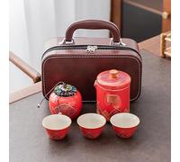 ZALTAS Théière en céramique avec infuseur pour filtrer le thé en vrac, service à thé kung fu chinois, 3 tasses en céramique, petite taille avec étui en cuir marron, facile à transporter rouge