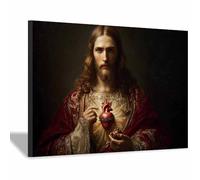 ZAMAEIU Impression sur toile Jésus Cœur sacré Portrait de tranquillité,Décoration murale pour salon, chambre à coucher, église, salle de prière(noir80)-80x120cm Encadrée