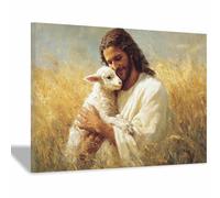 ZAMAEIU Impression sur toile Jésus Étreinte de l'Agneau Portrait de tranquillité,Décoration murale pour salon, chambre à coucher, église, salle de prière(blanc105)-20x30cm Encadrée