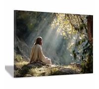 ZAMAEIU Impression sur toile Jésus Méditation sainte Portrait de tranquillité,Décoration murale pour salon, chambre à coucher, église, salle de prière(vert60)-80x120cm Encadrée